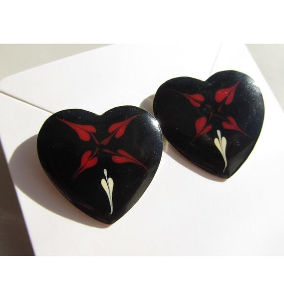 Vintage Enamel Heart Shaped Cloisonne Style Earrings - Picture 1 of 2